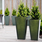 WORTH Garden Large Metal Glazed Planter Set of 2 (25" + 28"), Luxurious Glossy Finish Green Tall Square Tapered Steel Plant Pot, Decor Flower Pot Indoor & Outdoor, Drainage Hole & Dual-Purpose Saucer