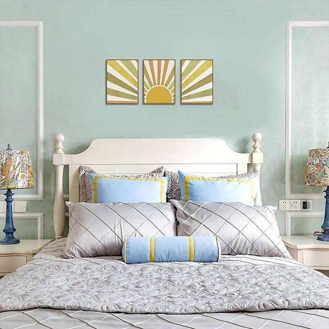Bwodke Boho Wall Art, Framed Abstract Sunshine Wall Art, Sun Rising Neutral Canvas Wall Decor, Mid Century Geometric Pictures Set of 3, Minimalist Paintings, for Bedroom Living Room Bathroom 12"x16"