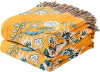 Boho Throw Blanket, 100% Cotton Ultra Soft Luxury Throw Rustic Quilt, Floral Printed Farmhouse Decor Bed Summer Blankets, All Season Rustic Reversible Bohemian Throw for Bed (90"x98" Yellow