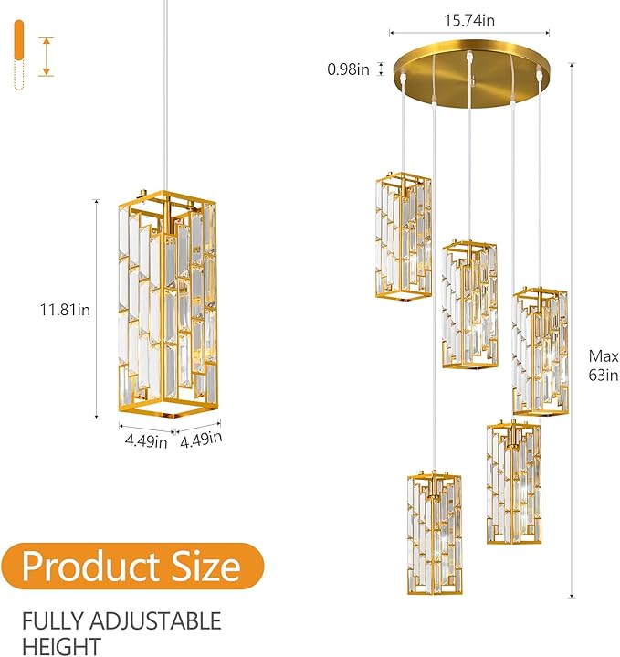 Gold Pendant Lighting Modern Pendant Light, Mini Crystal Chandeliers,Adjustable Pendant Light Fixture for Kitchen Island Dinning Room Bedroom (5 Light)
