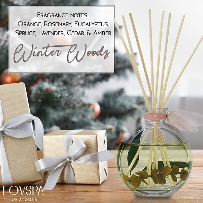 LOVSPA Reed Diffuser Set, Winter Woods Scented Oil Diffuser with Sticks, Home Fragrance Accessories for Bathroom Shelf Decor, Aroma Diffusers for Home or Office Desk, USA Made