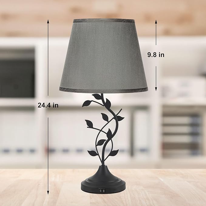Kakanuo Table Bedside Lamp with USB C Charging Port, Grey Traditional Nightstand Lamp for Living Room, Desk Lamp Large Retro Table Lamp for Bedroom