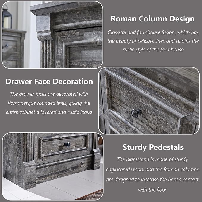 5 Drawers Dresser for Bedroom, Farmhouse 46" Tall Dressers & Chests of Drawers w/Roman Column, Wood Rustic Closet Dresser w/Two Different Drawer Sizes for Bedroom, Living Room, Light Grey
