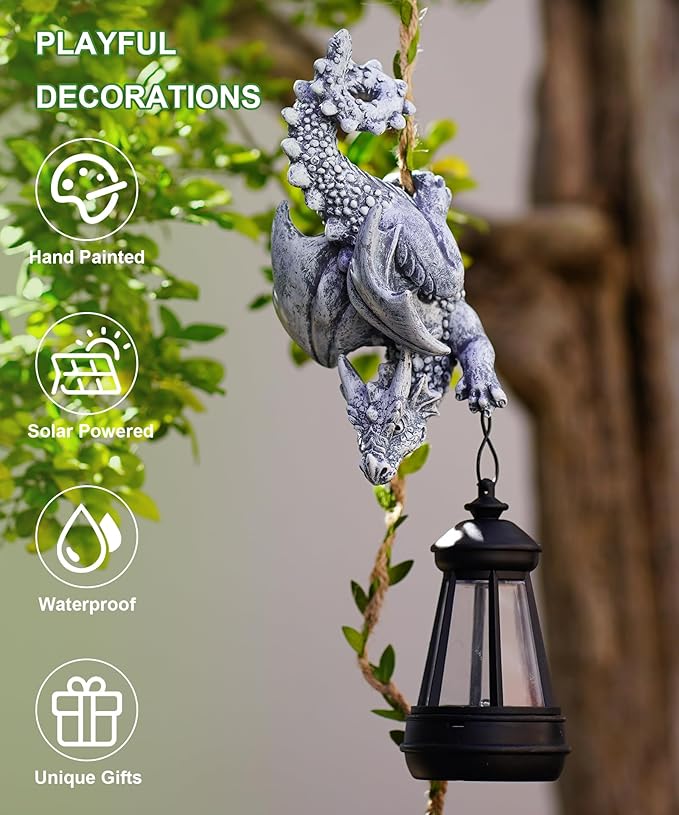 Solar Dragon Figurine Garden Statue: Outdoor Hanging Climbing Ornament with Lantern for Yard Art Lawn Balcony Patio Porch Decor- Birthday Gifts for Mom Women Father