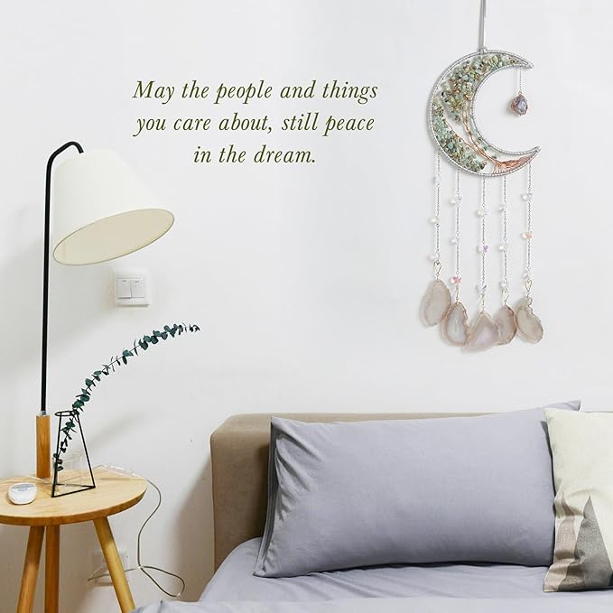 Agate Gemstone Big Dream Catcher 7 Chakra Tree of Life Dream Catcher with Crystal Stones Handmade Dreamcatcher Wall Decor for Adults Boys Girls,Bedroom,Garden,Bless Gift(Large Aqua Moon)