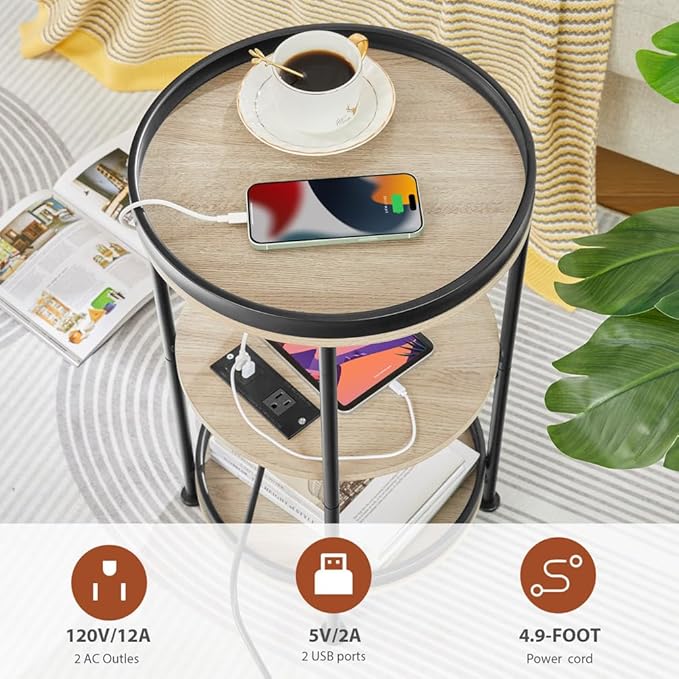 Dulcii Round Side Table with Charging Station, End Table with 3 Shelves for Living Room, Bedroom Nightstand for Small Spaces, Industrial Round Sofa Table with Steel Frame (USB+Oak)
