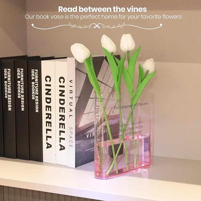 Book Vase for Flowers Home Décor,Artistic and Cultural Flavor Decorative Acrylic Clear Vase for Home and Office,Creative Gifts for Book Lovers (Pink)