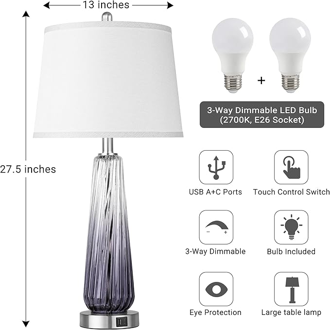 Glass Table Lamps Set of 2, Modern Bedside Lamps for Bedrooms with USB A+C Ports, 3-Way Dimmable Touch Control Nightstand Lamp with White Linen Shade, 27.5" Large Lamps for Living Room Decor, Grey