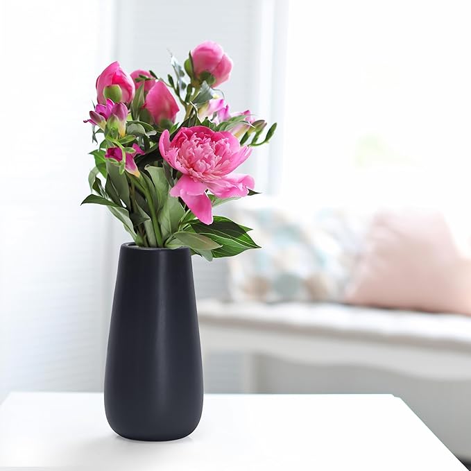 D'vine Dev 8 Inch Ebony Black Elegant Oval Ceramic Vase for Flowers, Home Décor Vase with Design Box, VS-LD-A-5