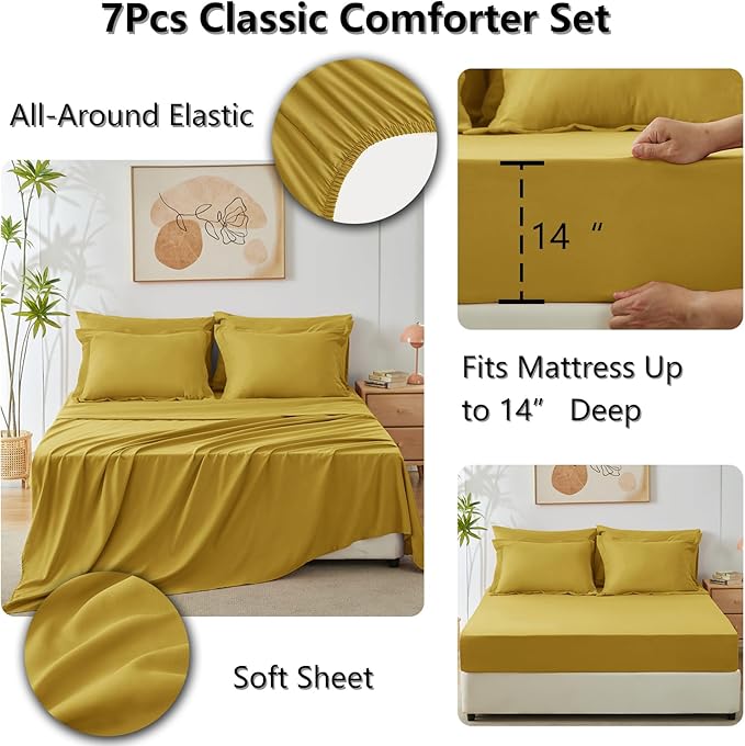 CozyLux Full Size Comforter Sets Mustard Yellow - 7 Pieces Bed in a Bag Full, Luxury Soft Bed Set for All Seasons, Bedding Set with Down Alternative Comforter, Sheets, Pillowcases & Shams