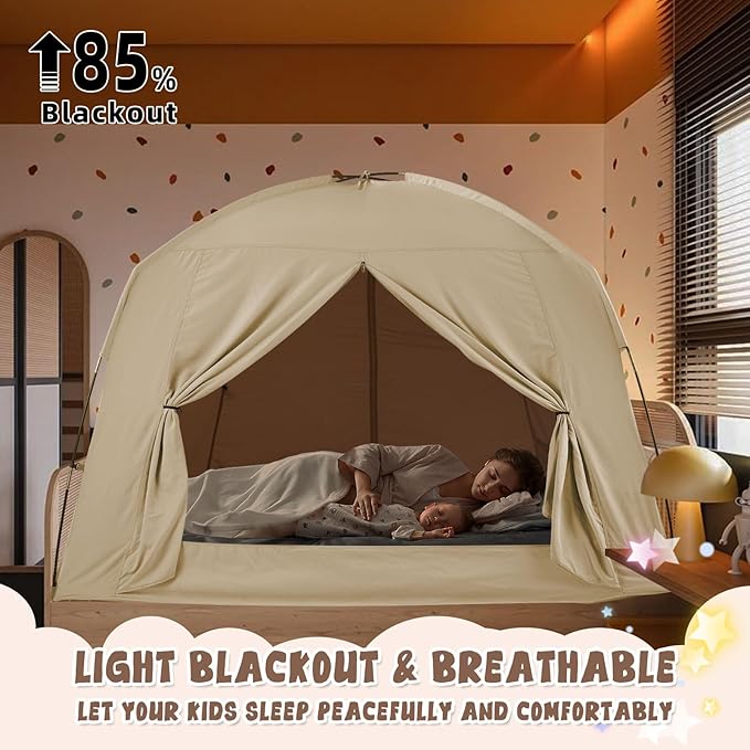 Bed Tents for Kids and Adult, Portable 100% Breathable and 85% Blackout Toddler Dream Play Tent, 3 Doors Big Privacy Space Sleeping Canopy for Floor or Twin Full Queen Sizes Bed (Khaki, Twin-Size)