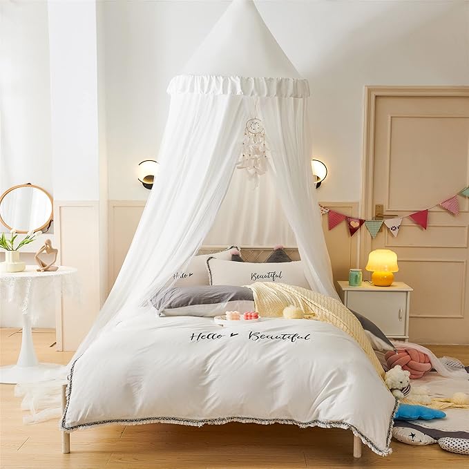 VETHIN Bed Canopy for with Lights,Double Layer Princess Round Dome Dreamy Mosquito Net Bedding Girls Room Castle Play Tent Hanging House Decor Reading Nook Canopies(White/White)