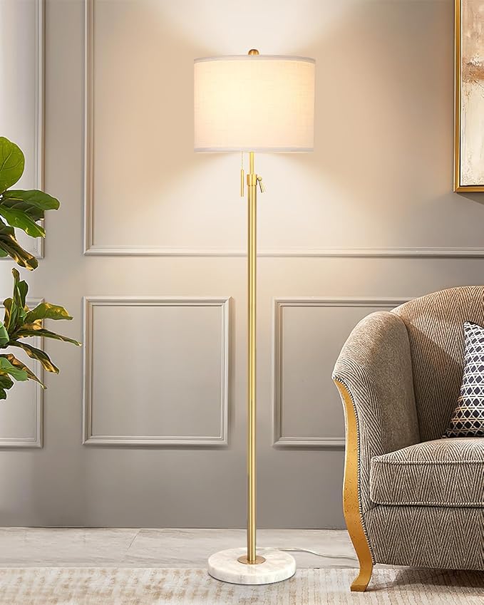 【Upgrade】 Gold Floor Lamps for Living Room, 55"-67" Height Adjustable Modern Standing Lamp with Marble Base, Pull Chain Switch, 3-Way Dimmable Tall Pole Lamp for Bedroom Office Reading, Bulb Included