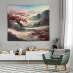 Japanese Tapestry, Red Plum Cherry Blossom Mountain Tapestry, Asian Japanese Wall Tapestry, Nature Landscape Tapestries for Bedroom Living Room Decor 60"x50"