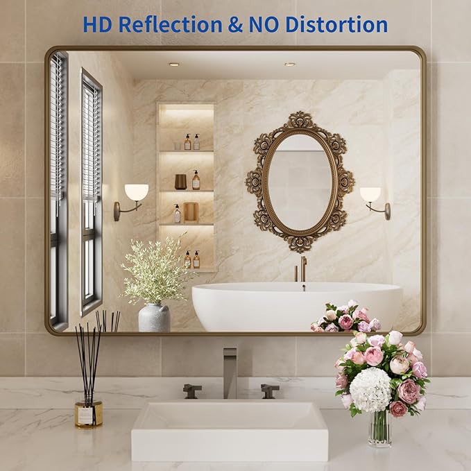 WEER Bronze Bathroom Wall Mirror, 40x32 Inch Oil Rubbed Bronze Vanity Mirror, Farmhouse Bronze Mirror with Aluminum Alloy Brushed Metal Frame, Tempered Glass, Anti-Rust (Horizontal/Vertical)