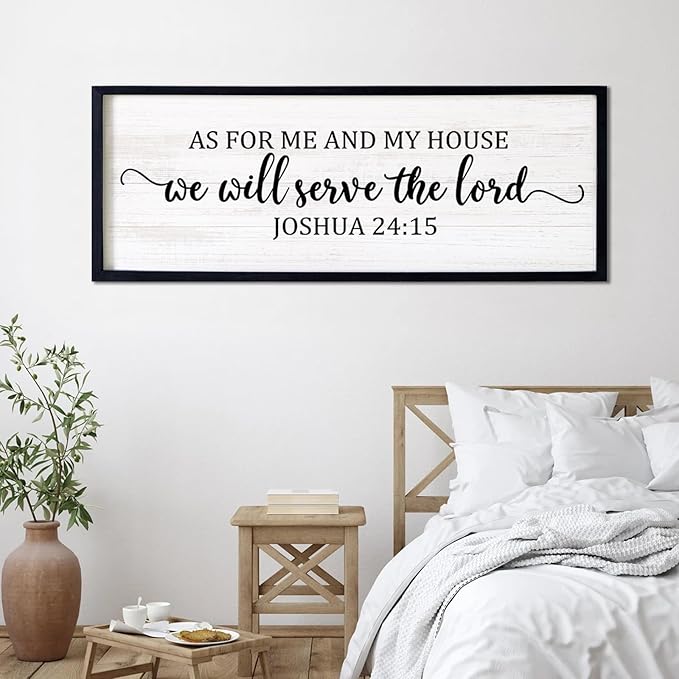 As For Me And My House We Will Serve The Lord Framed Wall Art, 40''×15'' Vintage Positive Religious Rustic Bible Verse for Christian God Jesus Christ Prayer, Horizontal Holy Catholic Scripture Decor