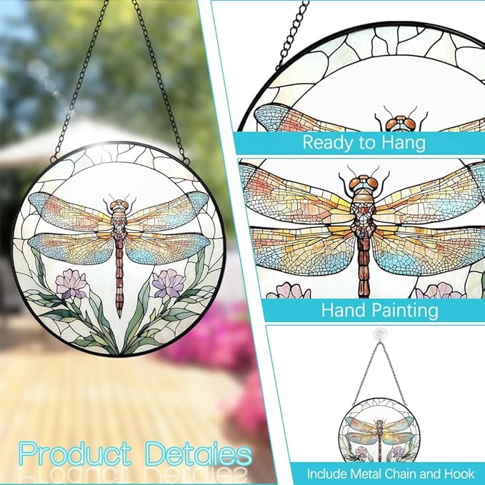 Dragonfly with Flower Suncatcher Stained Glass Window Hanging - 8” Stained Glass Suncatchers for Windows - Sun Catchers Indoor Window Catcher with Hooks and Chain - Birthday Gifts for Mom Grandma