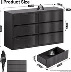 Black Dresser for Bedroom with 6 Double Drawers, 48" Wide Wooden Chest of Drawers with Curved Profile, Modern Fluted Dresser TV Stand, Wood Closet Clothes Storage Organizer for Living Room