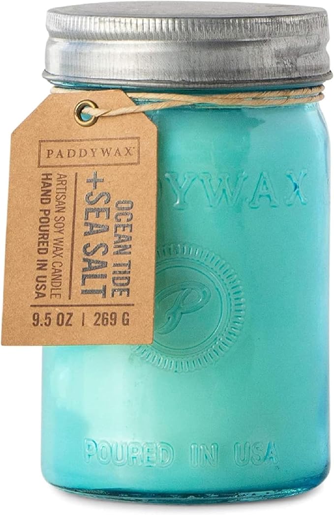 Paddywax Scented Candles Relish Collection Soy Wax Artisan Candle in Glass Jar with Lid, 9.5-Ounce, Ocean Tide + Sea Salt