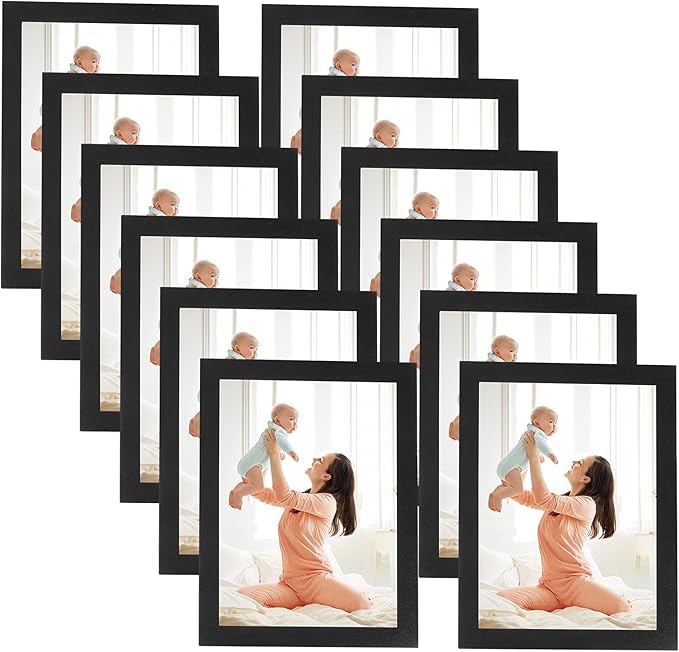 CRUGLA 5x7 Magnetic Picture Frames for Refrigerator 12 Packs, Modified Magnetic Sheet with Self Adhesive Backing, Black 5 by 7 Magnetic Photo Frame Set for Glass Window Door Cubicle