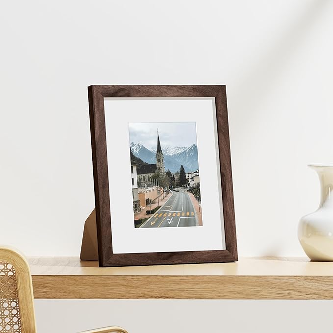Vittanly 8x10 Picture Frames Set of 9, Shatter Resistant Plexiglass, Display 5x7 Pictures with Mat or 8x10 without Mat, Photo Frames for Wall or Tabletop, Engineered Wood, Walnut