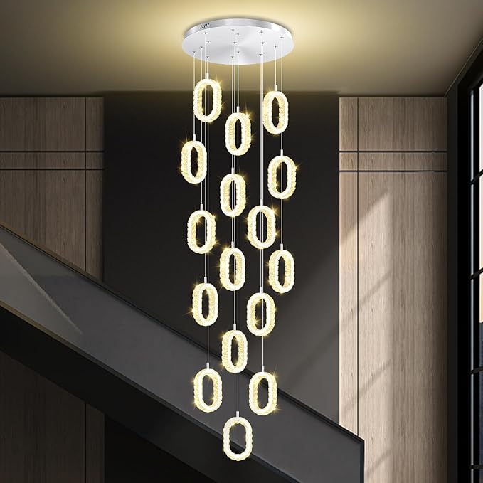 Large Crystal Chandeliers for Stairs Long Spiral Chandeliers for High Ceilings LED Crystal Ring Chandelier Dimmable 2700K-6000K 16-Light Silver