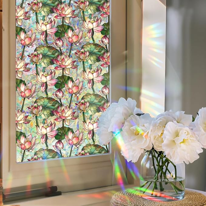Window Film, Stain Lotus Flower Glass Film Rainbow Floral Static Glass Window Clings Stickers for Home Office Living Room Bedroom Windows Door Decor 16.93 x 39.37 Inches