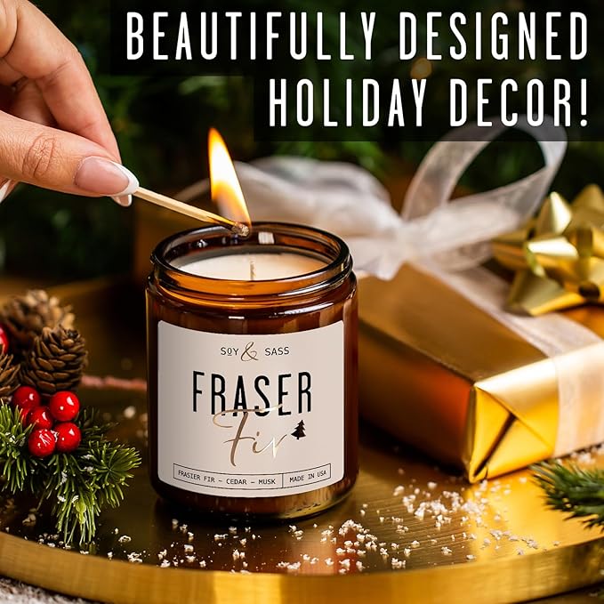 Fraser Fir Candles - Christmas Candles - 'Fraser Fir' w/Balsam Fir Cedar & Sandalwood Evergreen Tree Scent I Winter Evergreen Candle I Stocking Stuffers for Women I 9oz, 50Hr, USA Made