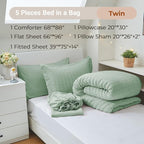 MUXHOMO 5 Pieces Twin Comforter Set, Seersucker Bed in a Bag Twin Size, All Season Luxury Bedding Set with Comforter, Flat Sheet, Fitted Sheet, Pillowcase & Sham, Sage Green