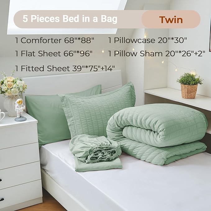 MUXHOMO 5 Pieces Twin Comforter Set, Seersucker Bed in a Bag Twin Size, All Season Luxury Bedding Set with Comforter, Flat Sheet, Fitted Sheet, Pillowcase & Sham, Sage Green