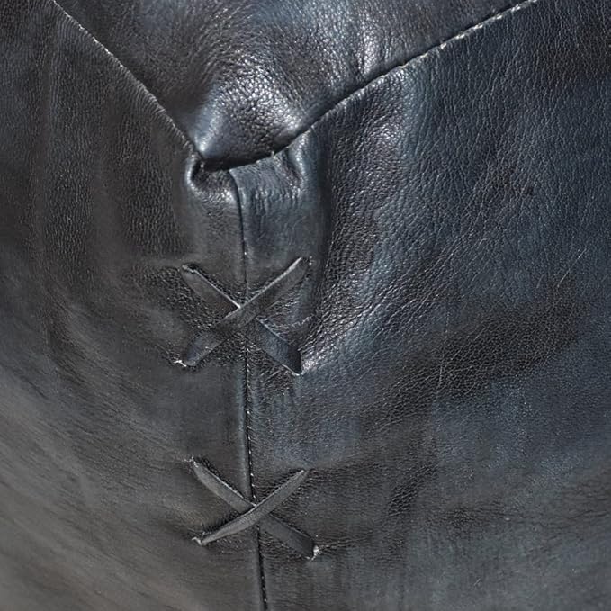 Square Shaped Goat Leather Handmade Eco-Friendly Vintage Blue Pouf - Square Pouf, 18" x 18" x 18", Plain Solid Pouf, Goat Leather Pouf, Recycled Cotton Filled Stuffed Pouf, Seating Pouf PF37