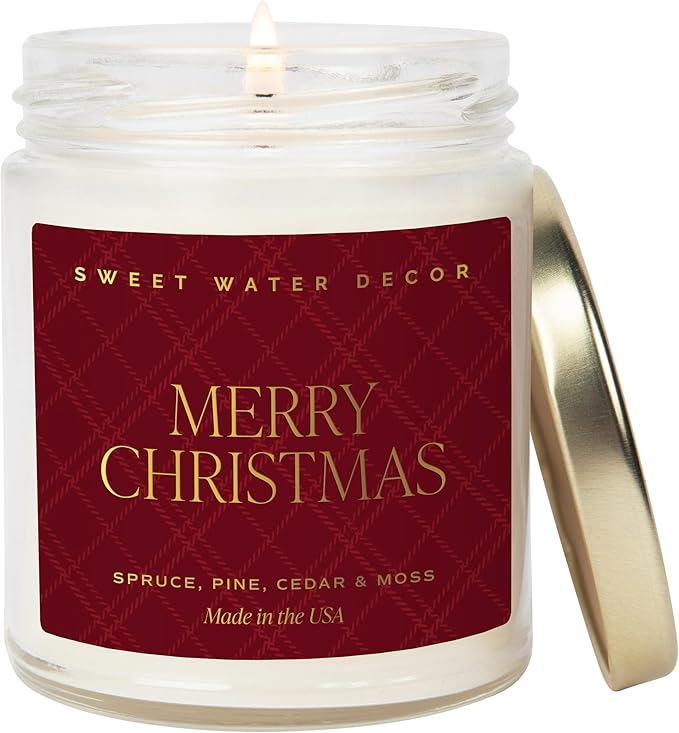 Sweet Water Decor Merry Christmas Scented Candles - Christmas Stocking Stuffers Soy Candles with Cypress & Lemon Scent - Christmas Candles with 40 Hours Burn Time - 9Oz Gold Lid Clear Jar Wax Candles