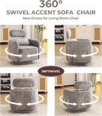Modern 360° Grey Swivel Accent Chair with Adjustable Headrest, Chenille Accent Chair for Living Room, Vanity Chair for Makeup, Swivel Barrel Chair with Lumbar Pillow, Comfy Barrel Armchair, Grey