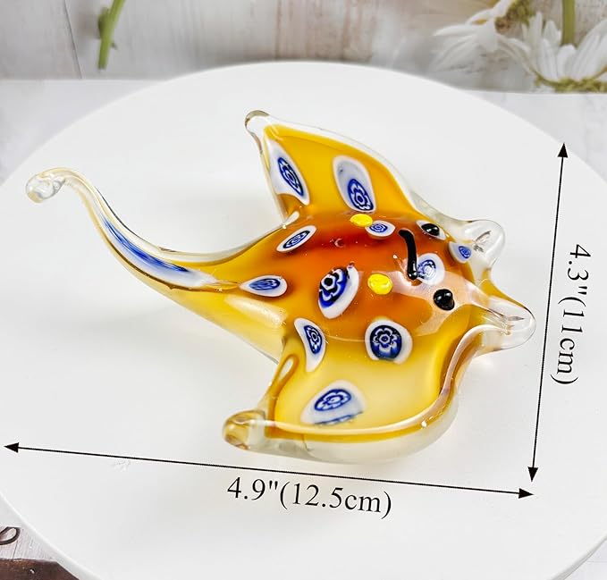 Crystal Ray Fish Figurine Hand Blown Glass Manta Ray Statue Collectibles Ocean Art Sea Animal Home Table Decor Gift Yellow 4.9''