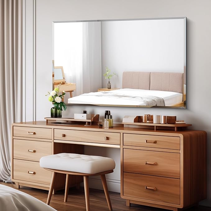 Beveled Bathroom Mirror, 30x48 Large Frameless Mirrors for Over Sink, Upgraded Shatterproof Beveled Frameless Vanity Mirror for Bedroom, Living Room and Entryway (Horizontal/Vertical)