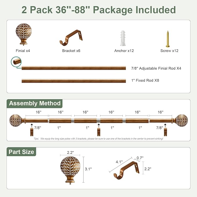 2 Pack Gold Curtain Rods for Windows 48 to 84 Inch,1'' Diameter Drapery Rods with Imitation Wood Grain Leaf Pattern Finials,Boho Adjustable Heavy Duty Curtain Rods Set,36-88'',Antique-Gold Wood