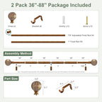 2 Pack Gold Curtain Rods for Windows 48 to 84 Inch,1'' Diameter Drapery Rods with Imitation Wood Grain Leaf Pattern Finials,Boho Adjustable Heavy Duty Curtain Rods Set,36-88'',Antique-Gold Wood