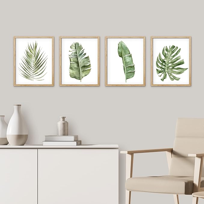 SIGNWIN Framed Banana Palm Monstera Leaf Wall Art, Set of 4 Green Pastel Wall Decor Prints, Nature Wilderness Wall Décor for Living Room, Bedroom - 8"x10" Natural