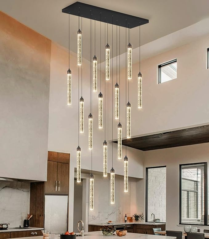 Rectangular Chandeliers 17-Lights Long Light for Entryway LED Dimmable Chandeliers Lighting Fixture Flat Sloped High Ceiling Pendant Lights Crystal for Living Room Foyer Hallway Staircase Black