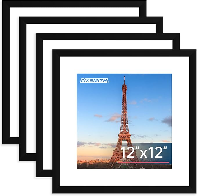 FIXSMITH 12x12 Picture Frame Set of 4, Photo Frame with HD Plexiglass, Display Pictures 8x8 with Mat or 12x12 Without Mat, Black Picture Frames Collage Wall Decor, Gallary Wall Frame