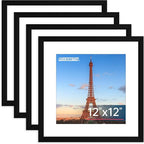 FIXSMITH 12x12 Picture Frame Set of 4, Photo Frame with HD Plexiglass, Display Pictures 8x8 with Mat or 12x12 Without Mat, Black Picture Frames Collage Wall Decor, Gallary Wall Frame