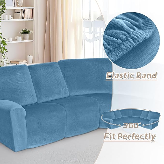 Arfntevss Sectional Recliner Couch Covers Velvet Corner Sectional Sofa Cover for Reclining Couch Stretch Soft L Shape Recliner Slipcover Thick U Shaped Washable Protector (5 Seat Cover, Light Blue)