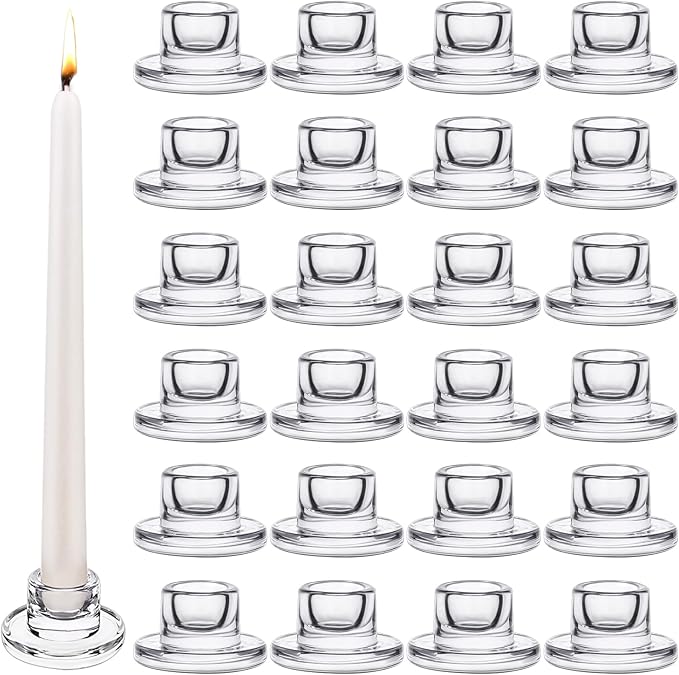 24 PCS Glass Taper Candle Holders Bulk Candlestick Holders Clear Short Tapered Candle Stick Holder Decor Set for Table Centerpiece Wedding Party Advent Christmas Home Decorations (24, Clear)