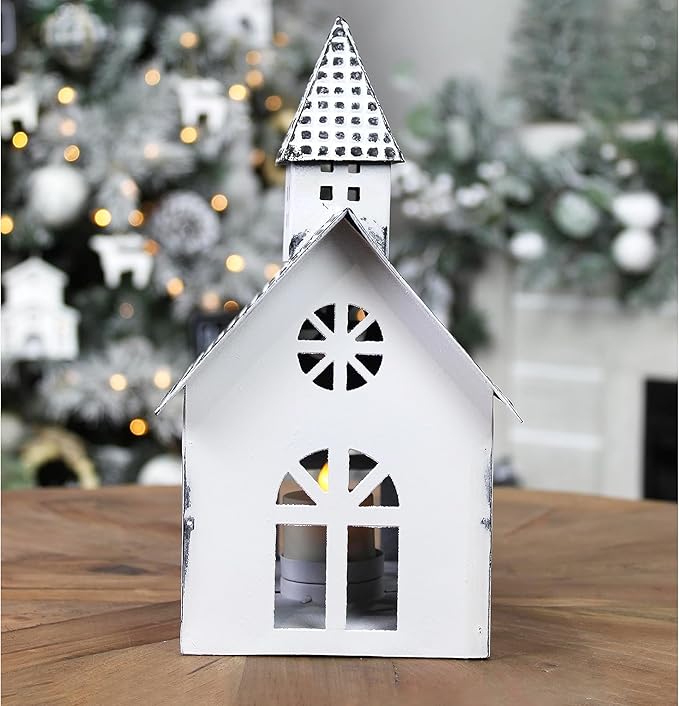 AuldHome Design Farmhouse Christmas Village Collection #2 w/Church, Barn and School (Set of 3, White); Candle Lantern Decorative Christmas Town Display