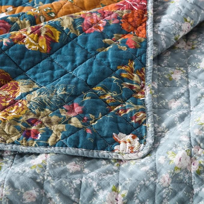 Cotton Bedspread Quilt Sets Reversible Bedding Coverlet Sets 3 Pieces Paisley Vintage Floral Yellow Blue Patchwork Bedspread, Queen Size