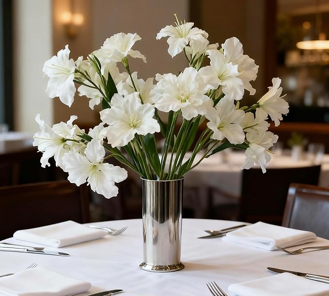 10-Bud Artificial Lily Flowers, 4 Pcs Fake Outdoor Flowers, UV Resistant Faux Flowers for Outdoor Planters, Silk Flowers for Wedding Decoration (White)