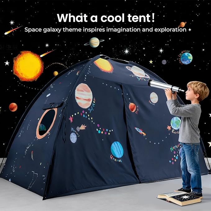 Tiny Land Space Galaxy Bed Tent for Kids – Sleep Bed Canopy with 9 Planets Design, Easy-to-Install Indoor Kids Play Tent, Imaginative Playhouse, Ideal Gift for Boys & Girls – 77" x 40" x 46"