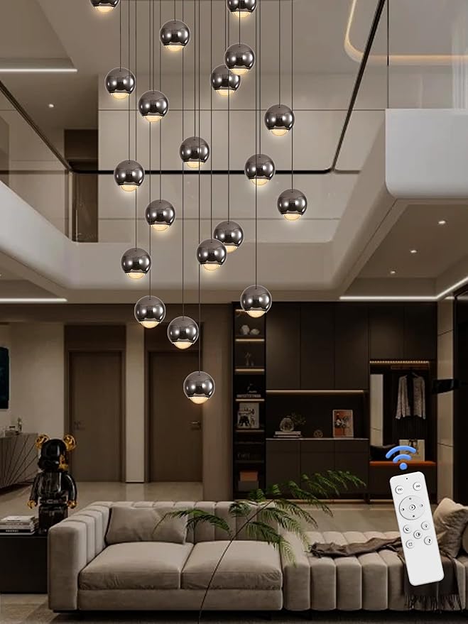 Farmhouse Crystal Chandelier, Luxury Hanging Lights High Ceiling Pendant Lighting for Foyer Staircase 24 Lights Black Chandelier Dimmable 2700k-6000k