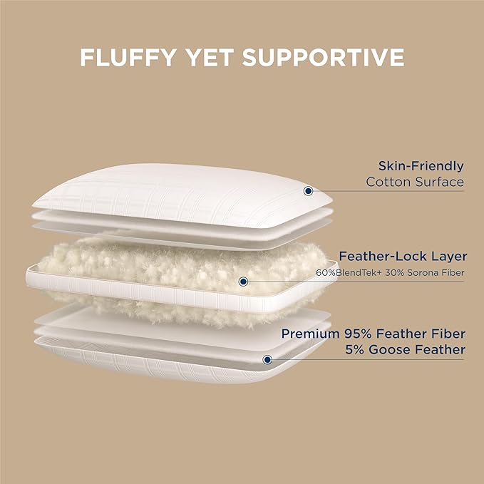 Bedsure Luxury Goose Feathers Down Pillow - 300 Thread Count Cotton Cover Gusseted Hotel Collection Bed Queen Pillow, Ultra-Soft High Elasticity Sorona Fiber Layer Pillows (1, Peyote, Queen)
