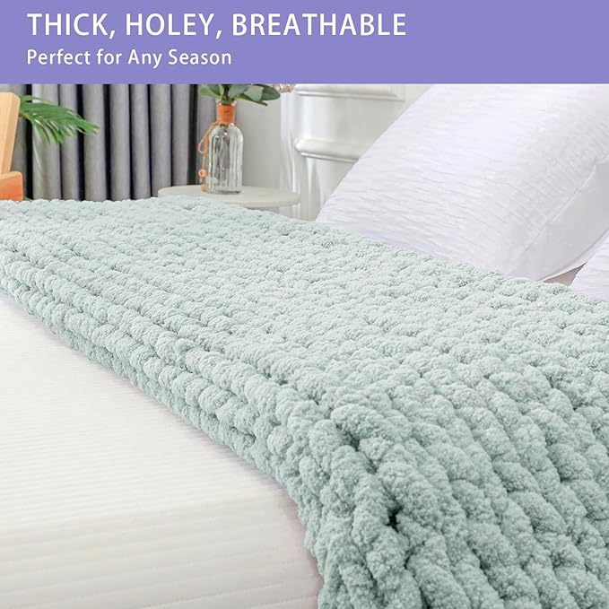 Bigacogo Chunky Knit Throw Blanket for Couch, 40x80 inches, 100% Hand Knitted with Thick Jumbo Chenille Yarn, Cozy Soft Large Rope Knot Cable Crochet Blankets for Sofa Bed Living Room, Mint